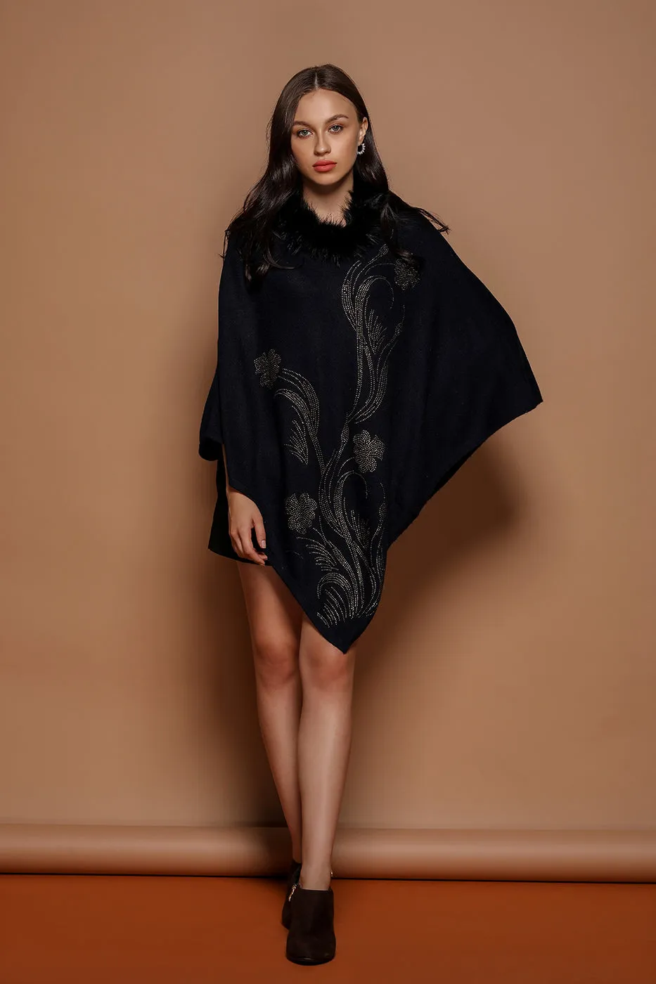 Flower Rhinestone Cashmere Poncho