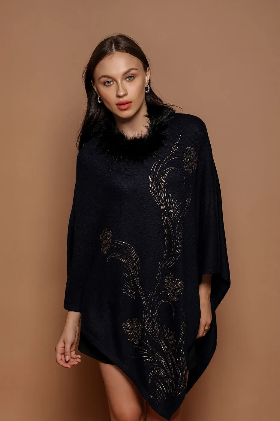 Flower Rhinestone Cashmere Poncho