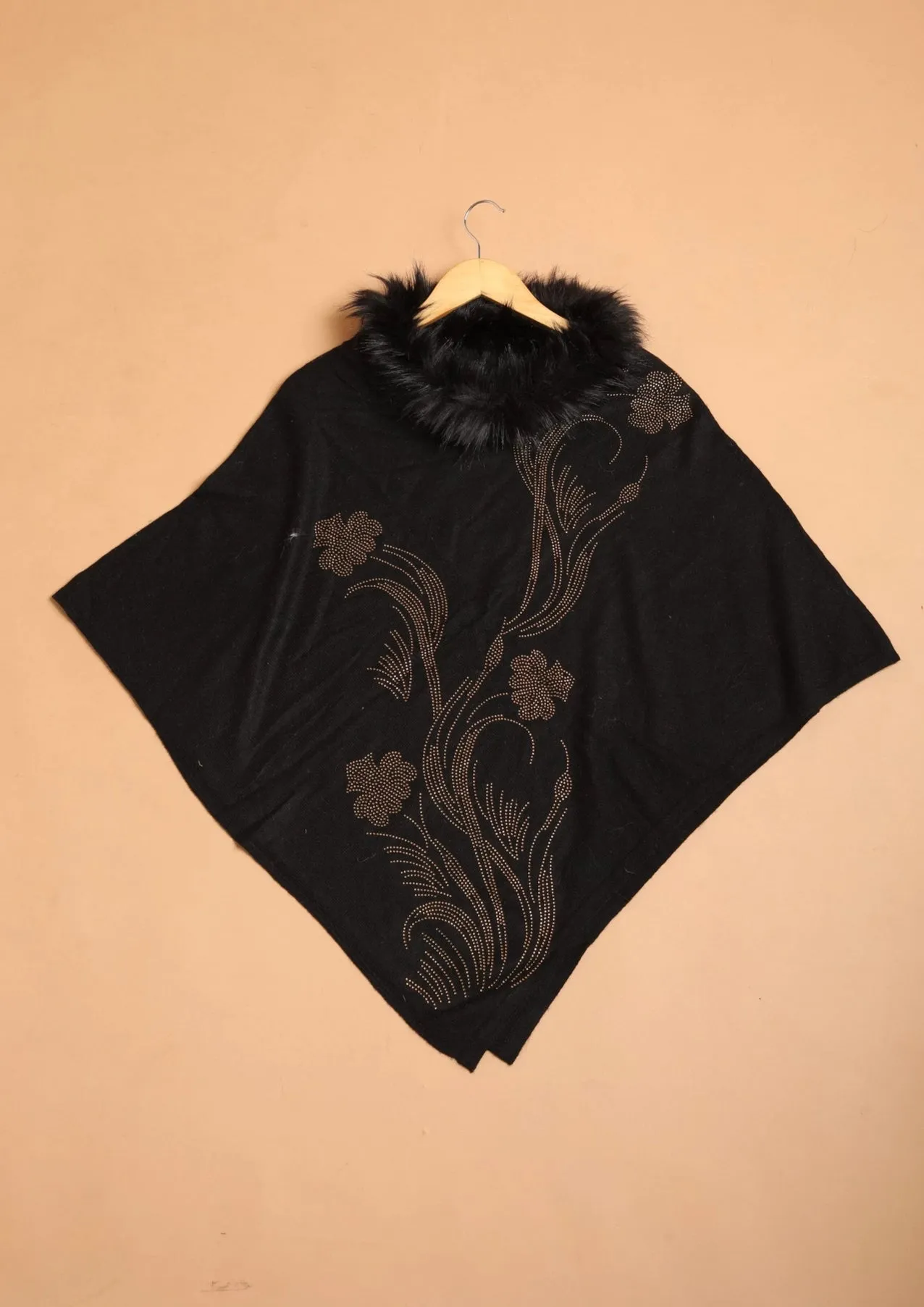 Flower Rhinestone Cashmere Poncho