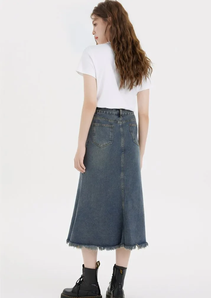 FRINGE HEM DENIM SKIRT