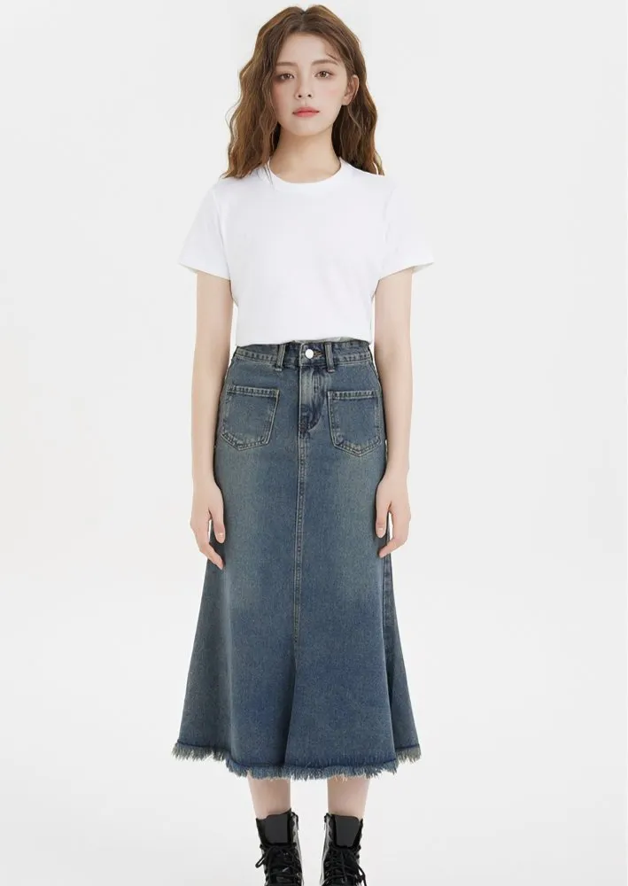 FRINGE HEM DENIM SKIRT