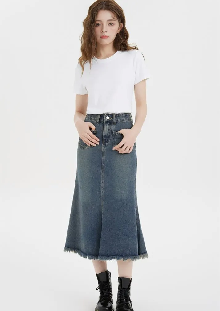 FRINGE HEM DENIM SKIRT