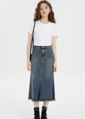 FRINGE HEM DENIM SKIRT