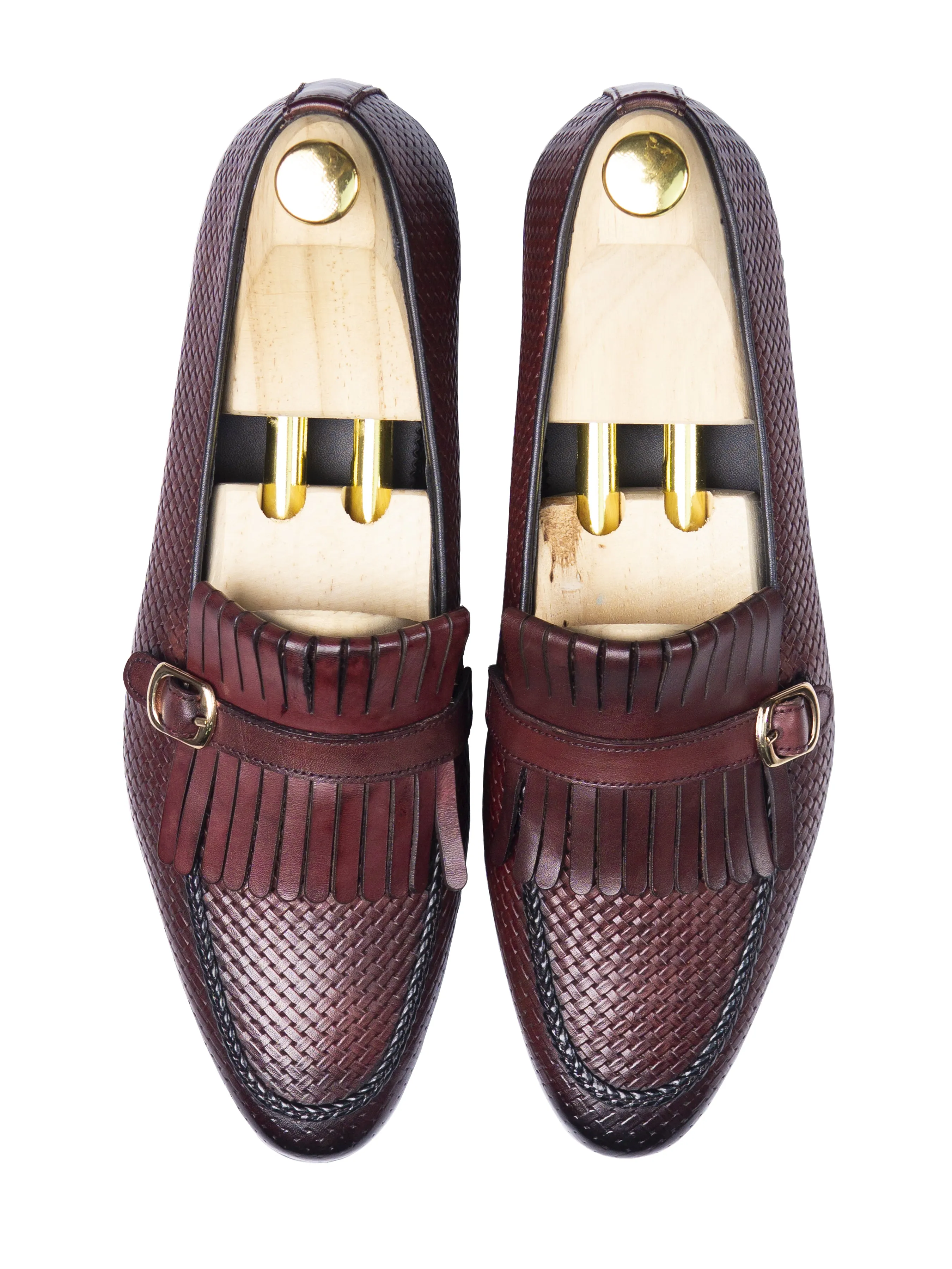 Fringe Kiltie Loafer - Red Burgundy Woven Leather with Side Buckle (Hand Painted Patina)