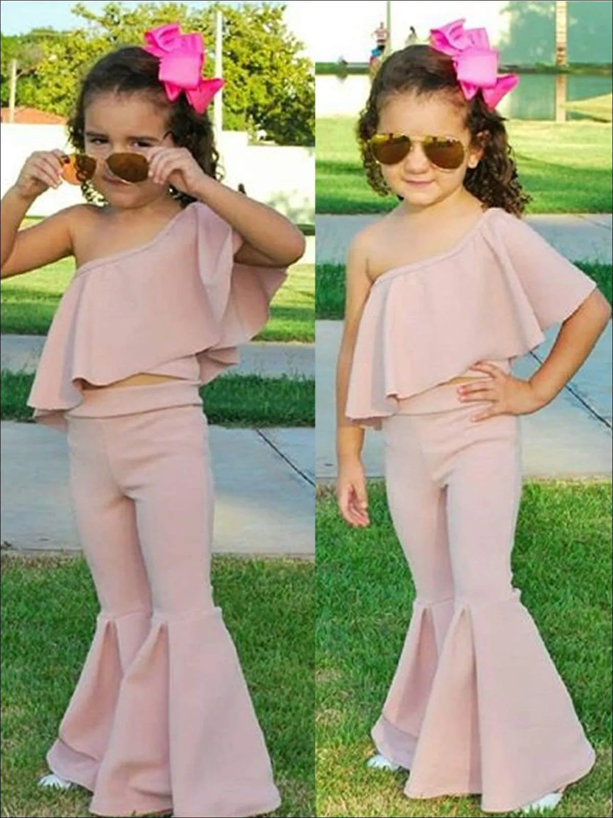 Girl Pink One Shoulder Ruffled Top & Bell Bottom Pants Set