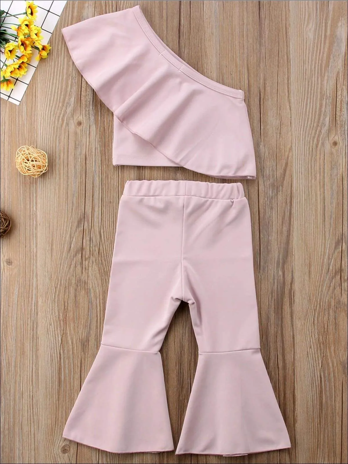 Girl Pink One Shoulder Ruffled Top & Bell Bottom Pants Set