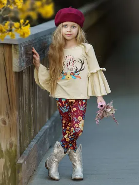 Girls "Happy Fall Ya'll" Floral Reindeer Print Bell Sleeve Top And Floral Legging Set