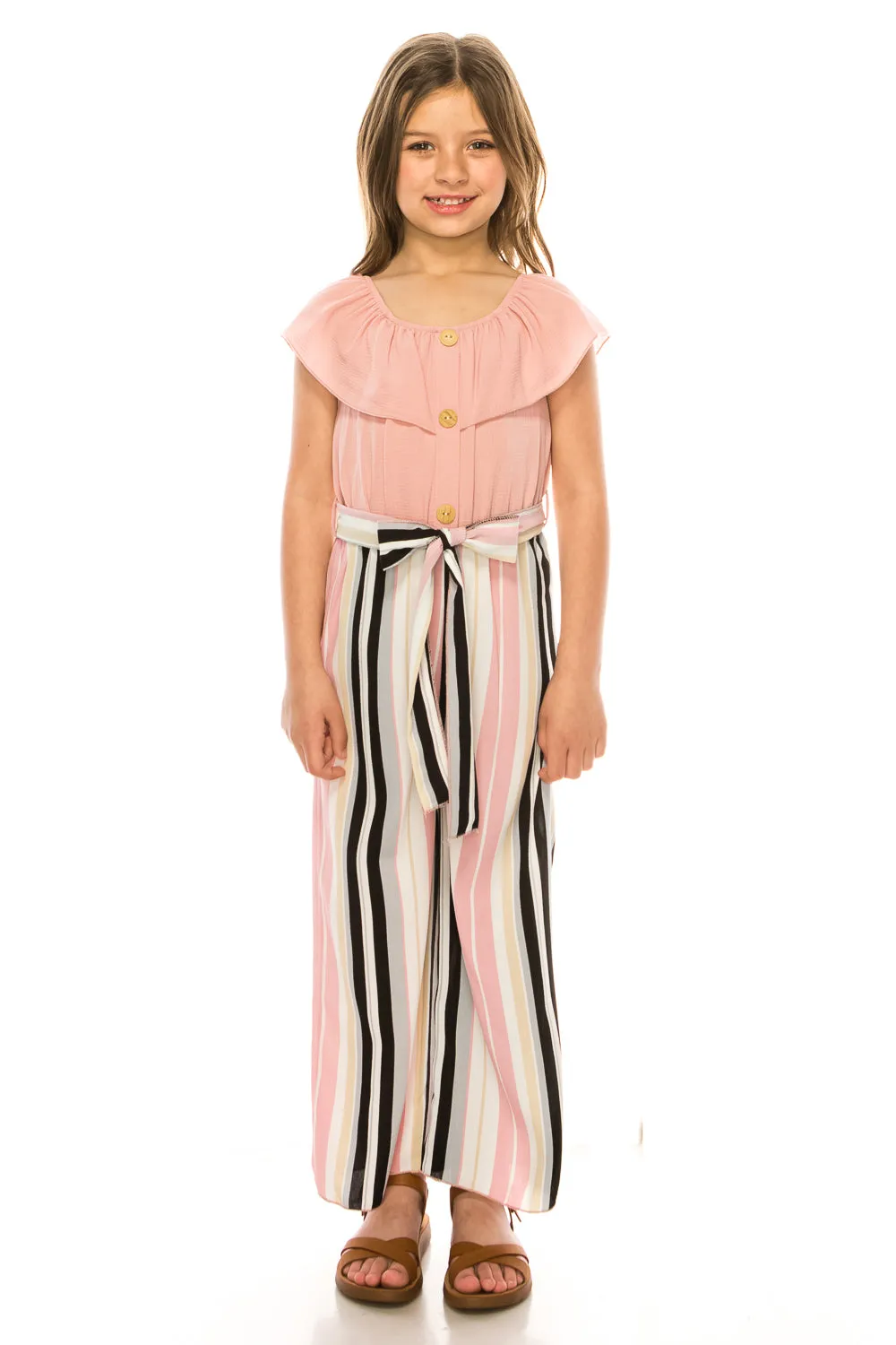 Girls Ruffle Off Shoulder Rose Striped Jumpsuit with Bow Tie, Sizes 8