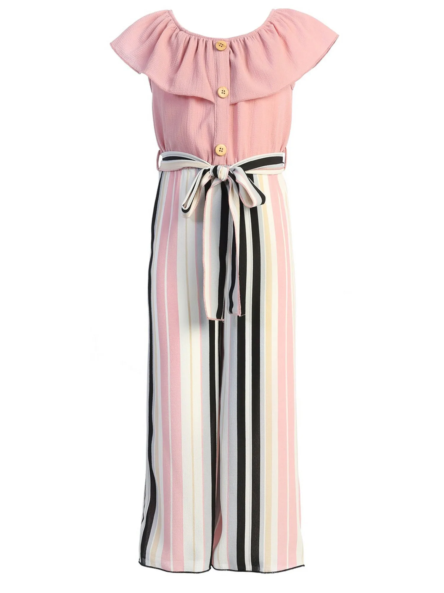 Girls Ruffle Off Shoulder Rose Striped Jumpsuit with Bow Tie, Sizes 8