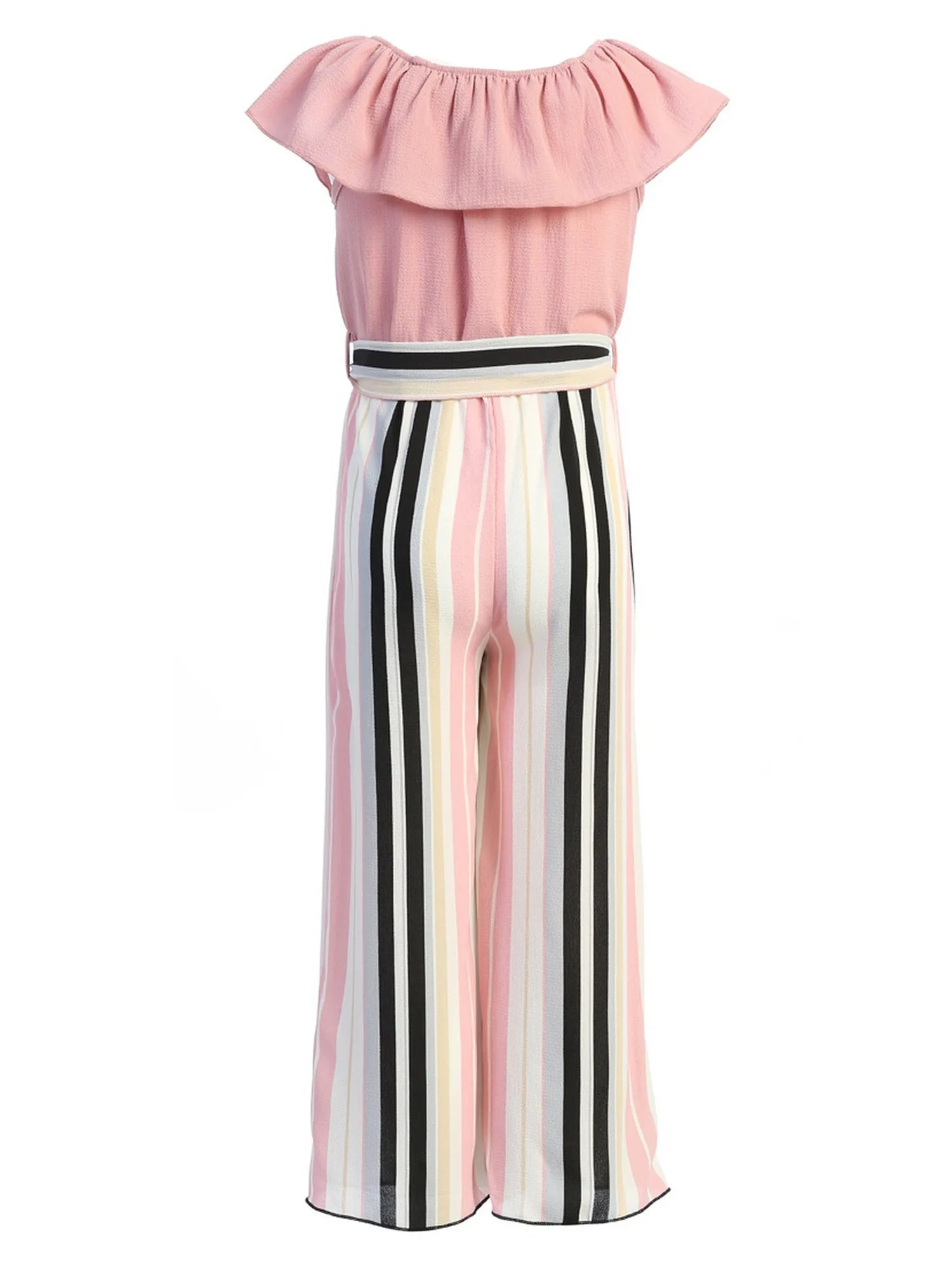 Girls Ruffle Off Shoulder Rose Striped Jumpsuit with Bow Tie, Sizes 8