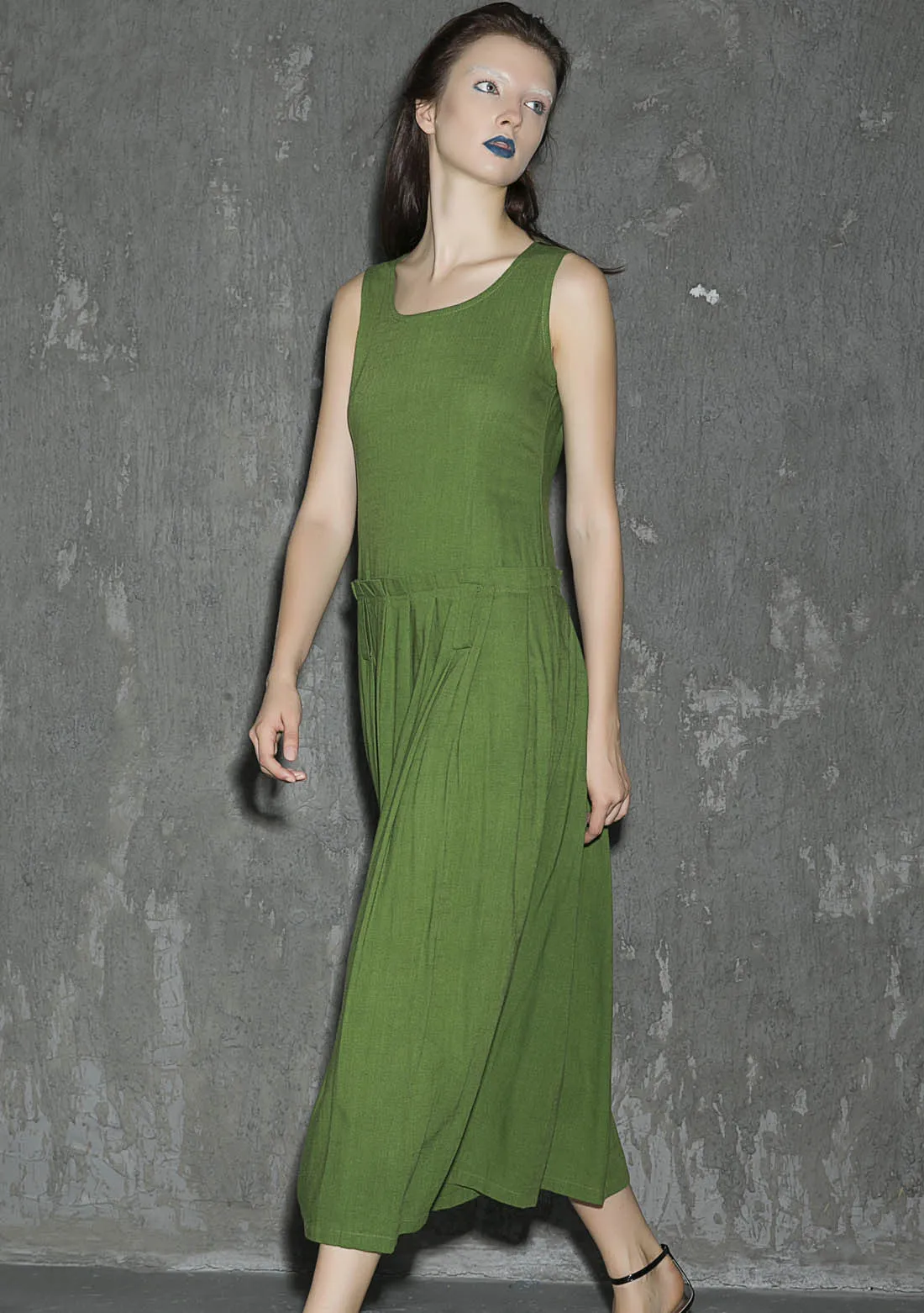 green sleeveless midi linen dress 1317