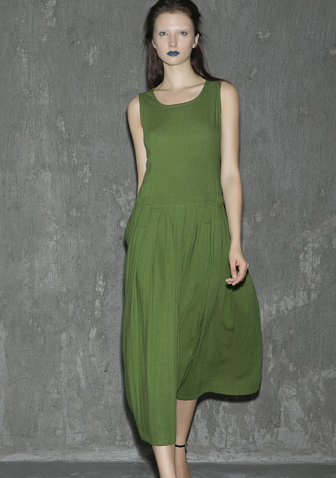 green sleeveless midi linen dress 1317