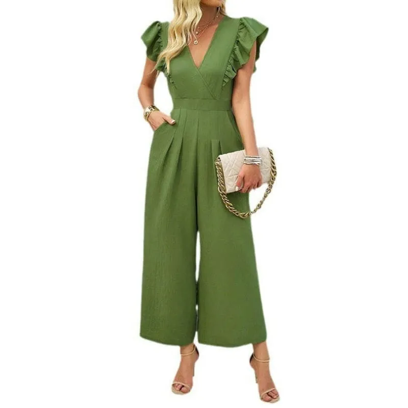 Green Summer Wide Leg European Jumpsuit with Ruffled Cap Sleeves