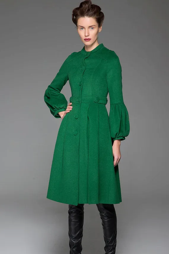 Green Wool Coat Warm Winter Coat With Single-Breasted at Sleeves and Adjustable Waist With String (1417)