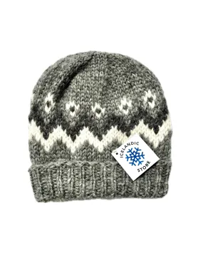 Handknit Wool Hat - Dark Grey and White