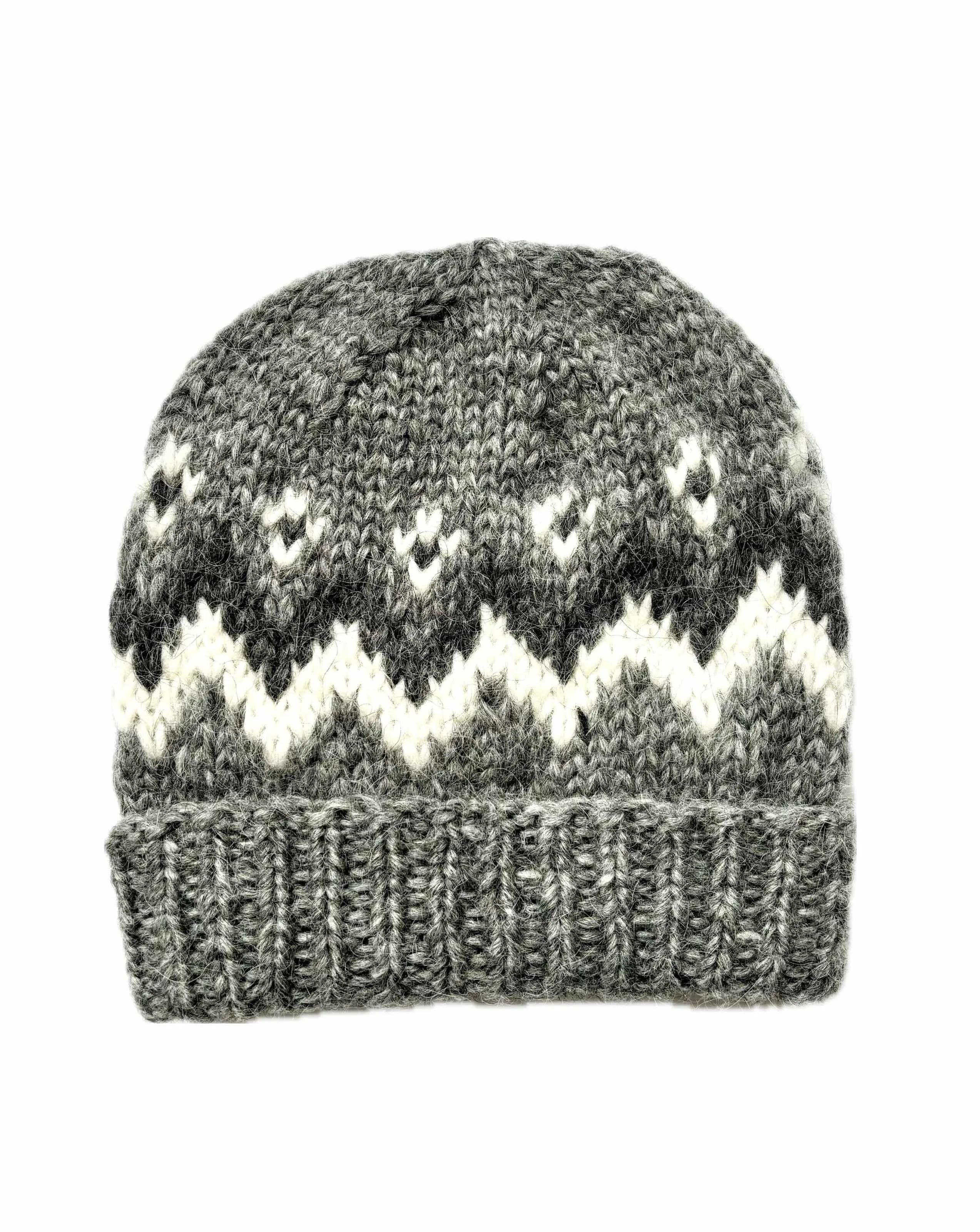 Handknit Wool Hat - Dark Grey and White