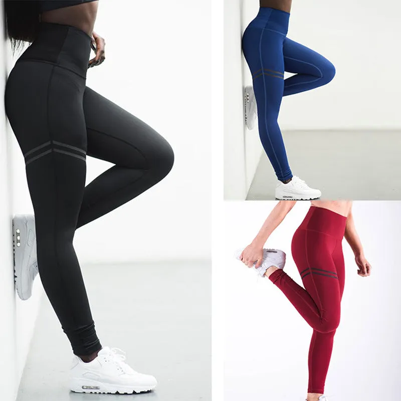 High waist solid color cross-border striped stretch yoga pants fitness