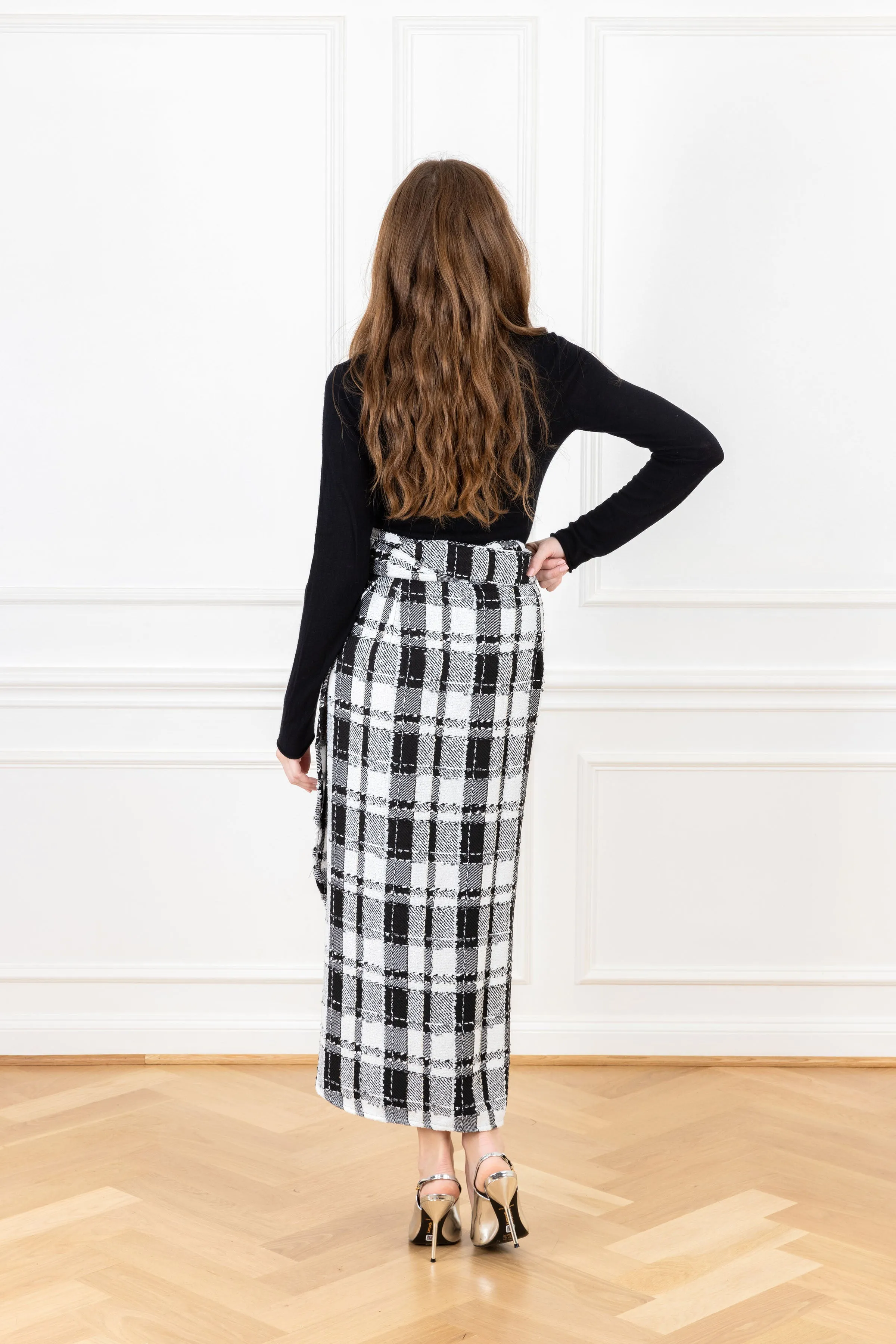 Icy Black Textured Plaid Maxi Wrap Skirt