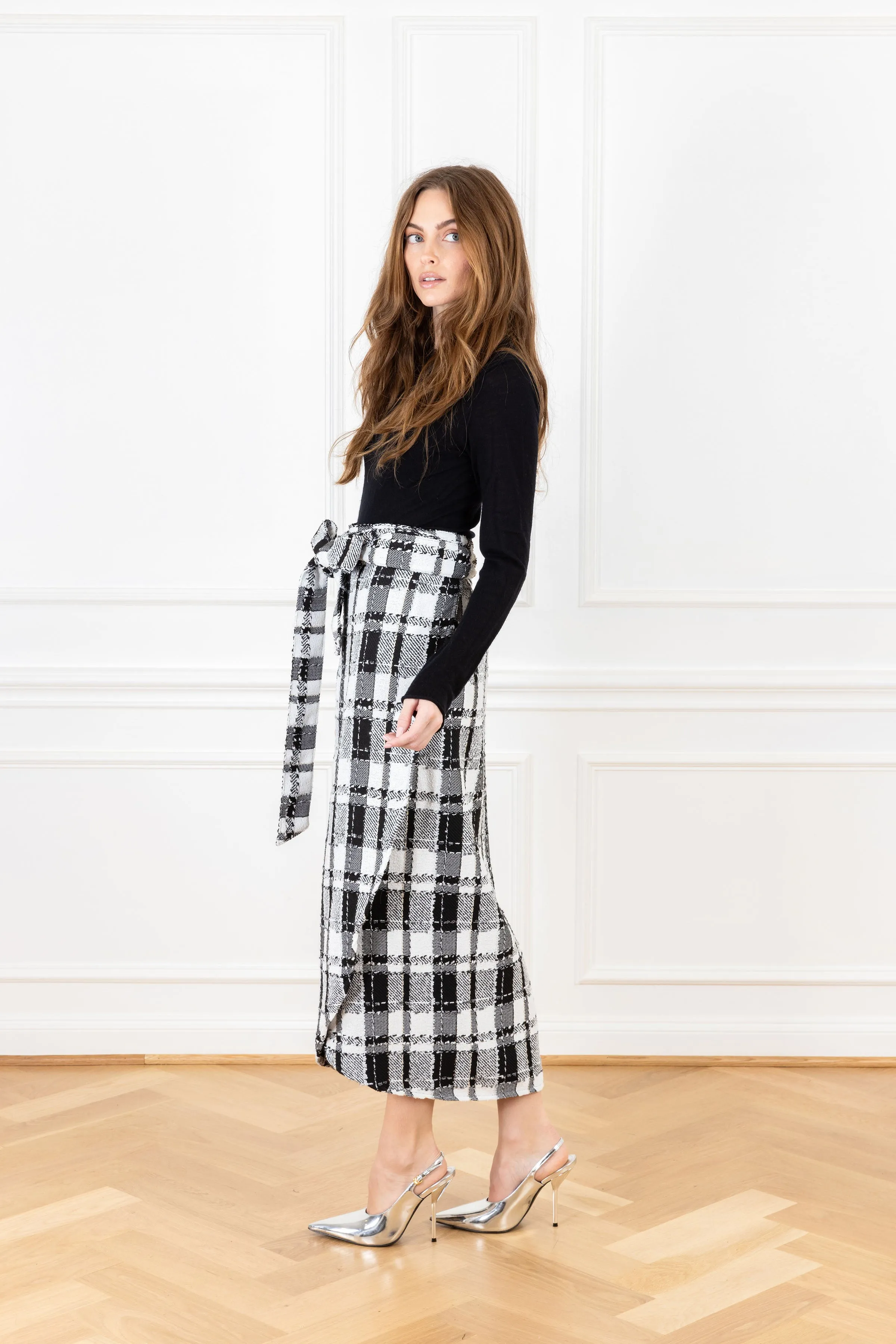 Icy Black Textured Plaid Maxi Wrap Skirt