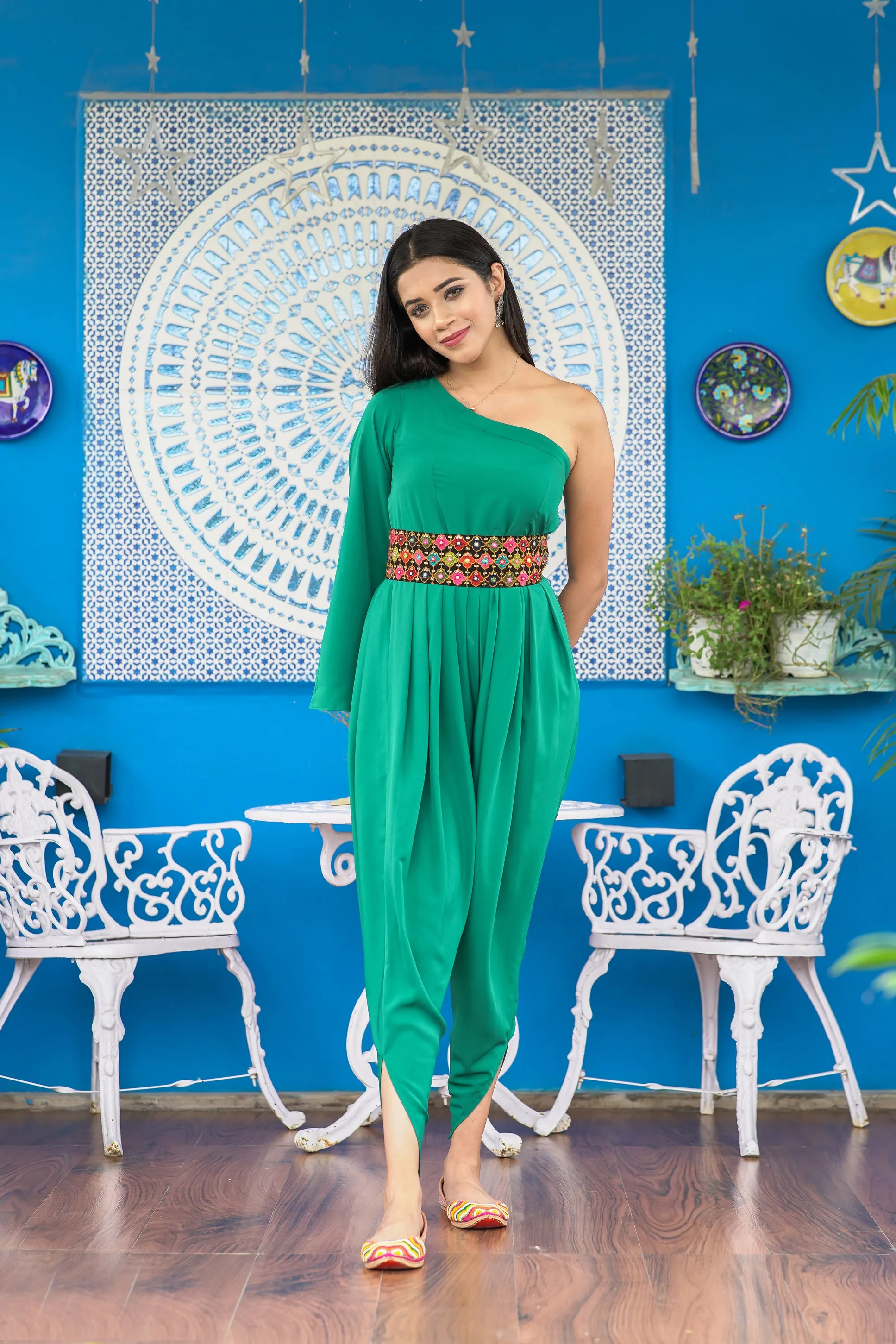 INAYAT COWL JUMPSUIT WITH MIRRORWORK BELT