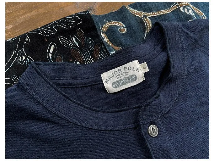 Indigo Henley Collar T-Shirt