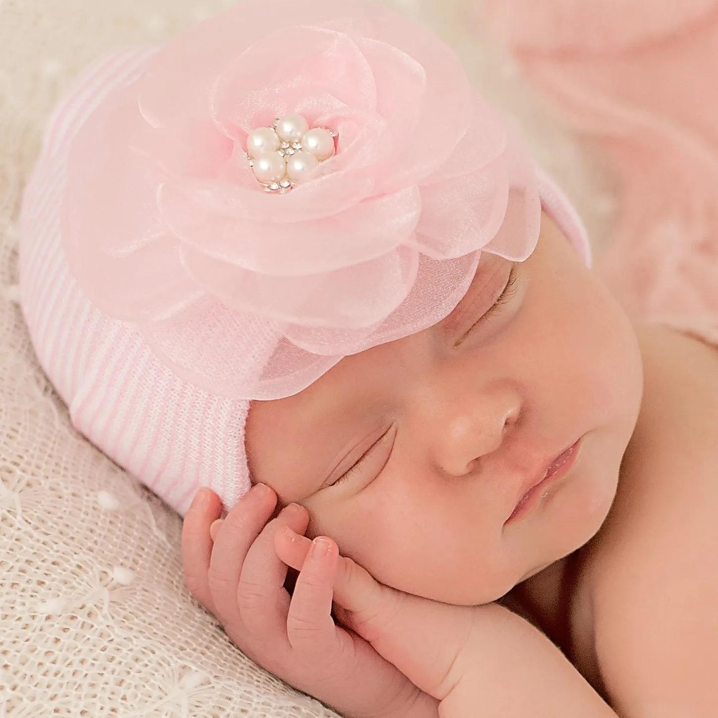 Joyce Chiffon Pink Striped Flower Newborn Hospital Hat 0-3m