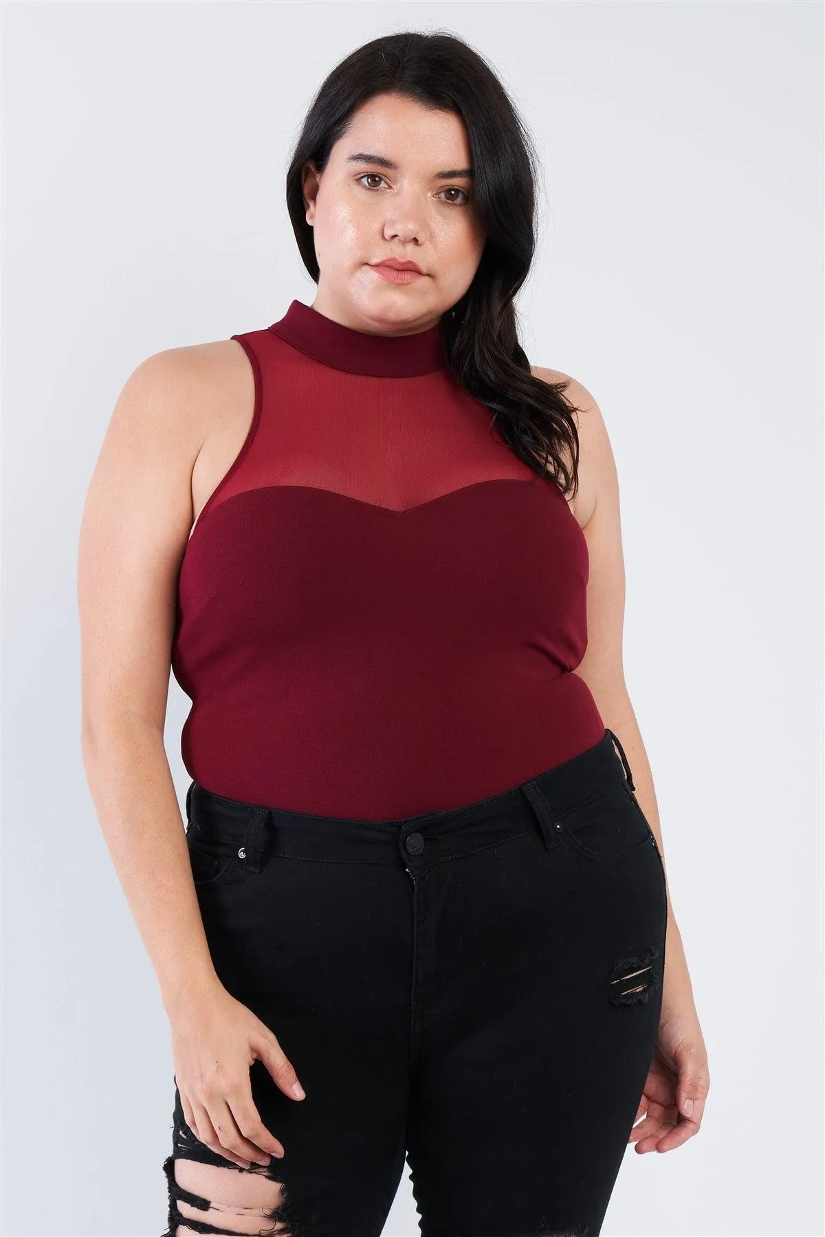 Junior Plus Size Burgundy Mock Turtleneck Bodysuit /2-1-1