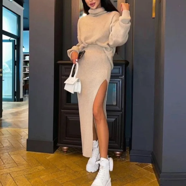 Kaley Two Piece Knitted Turtleneck Sweater and Skirt Set