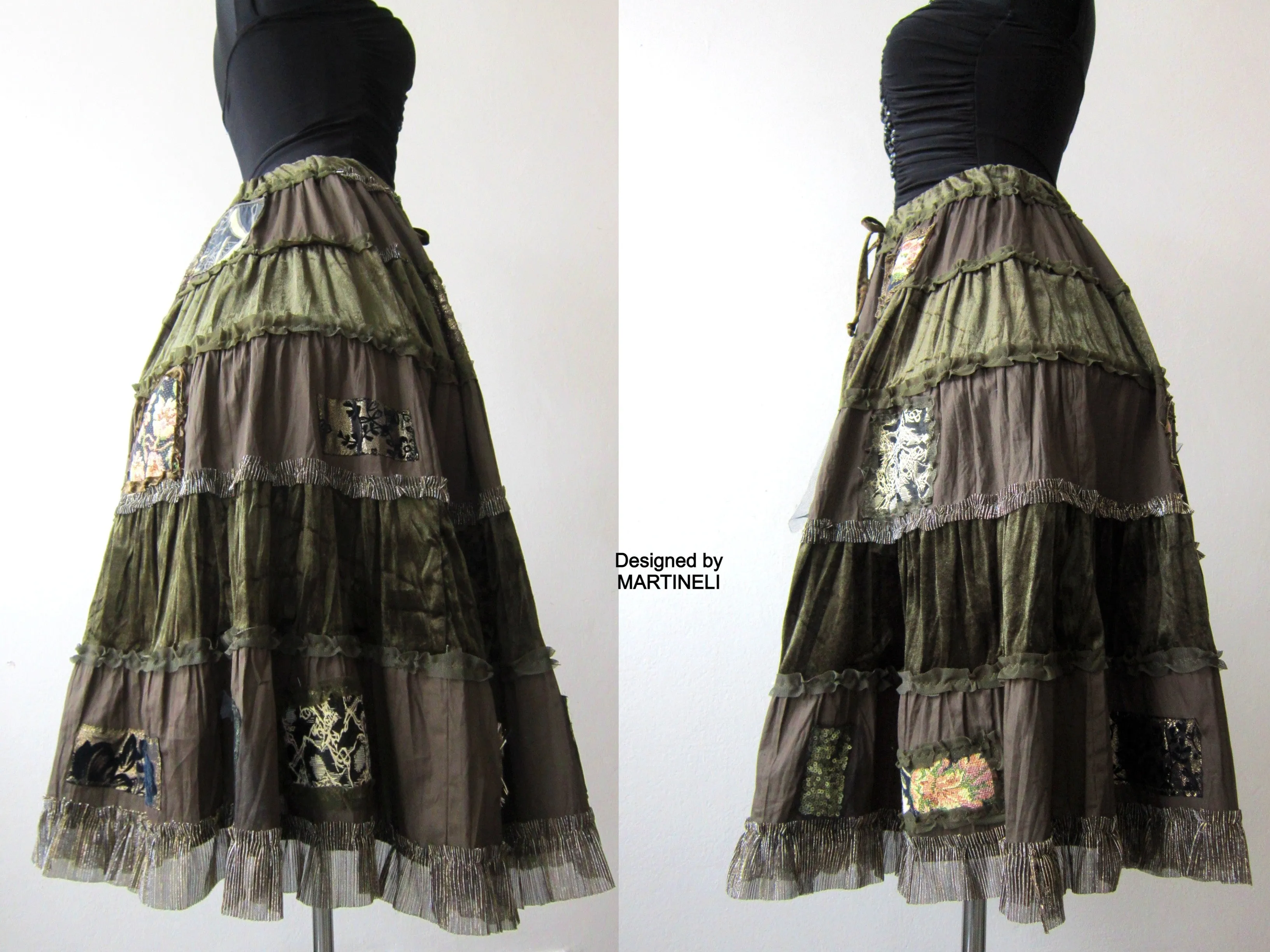 Khaki Green Long Skirt,L/XL Embroidered Boho Gypsy Skirt