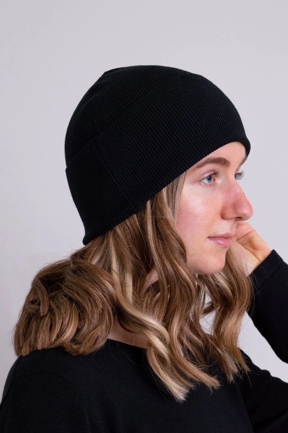 Knit Beanie, Black, Bamboo Cotton