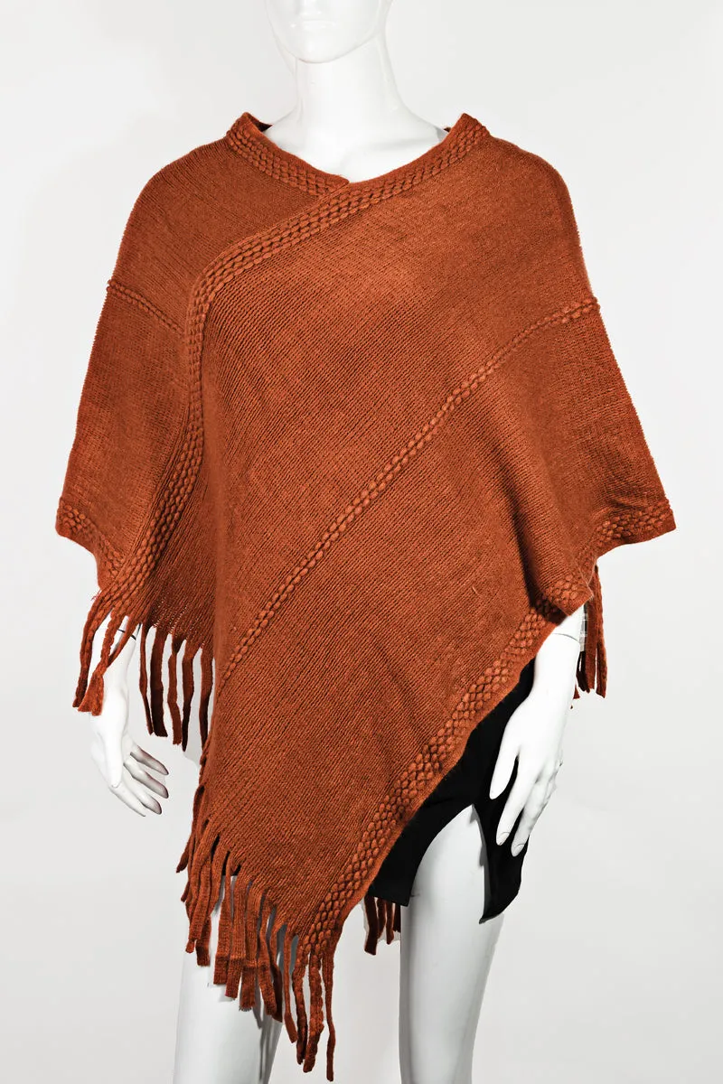 Knitted Fringe Trim Poncho