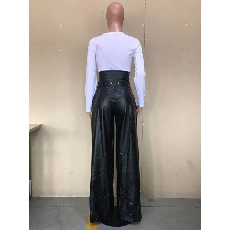 L-2X Faux Leather High Waisted Wide Leg Belted Solid Color Zipper Pants Trousers in Black