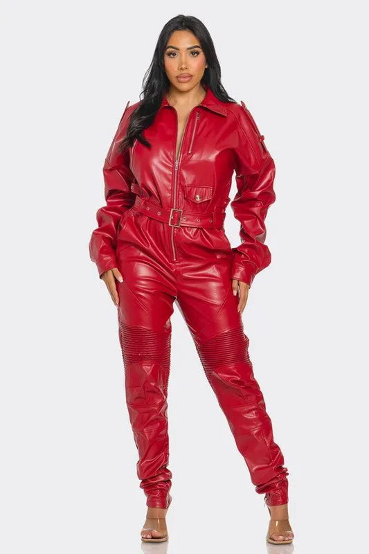 Lady in Red- Faux Leather Red Jumpsuit