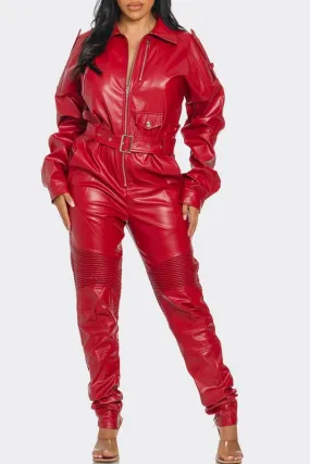 Lady in Red- Faux Leather Red Jumpsuit