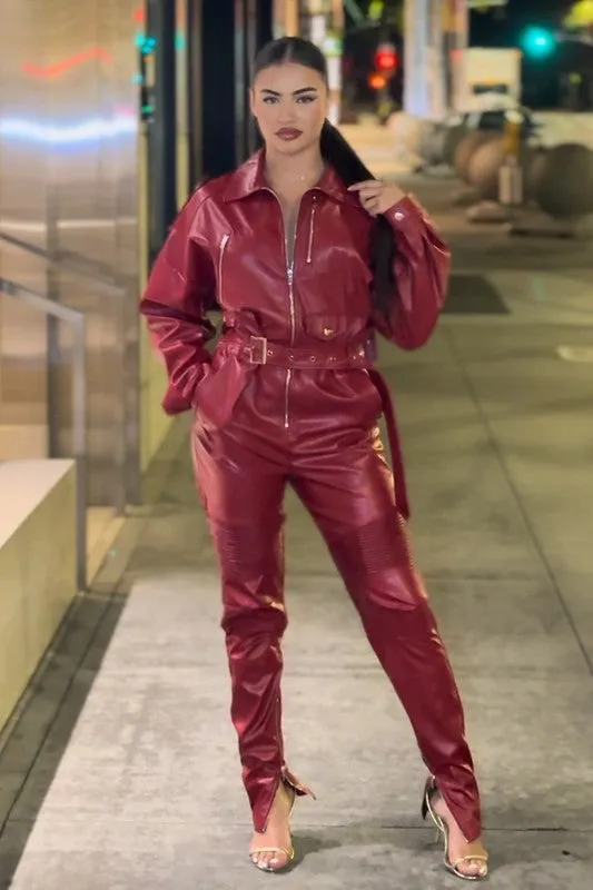 Lady in Red- Faux Leather Red Jumpsuit