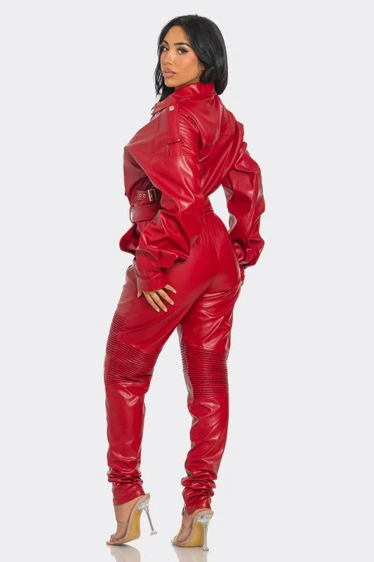 Lady in Red- Faux Leather Red Jumpsuit