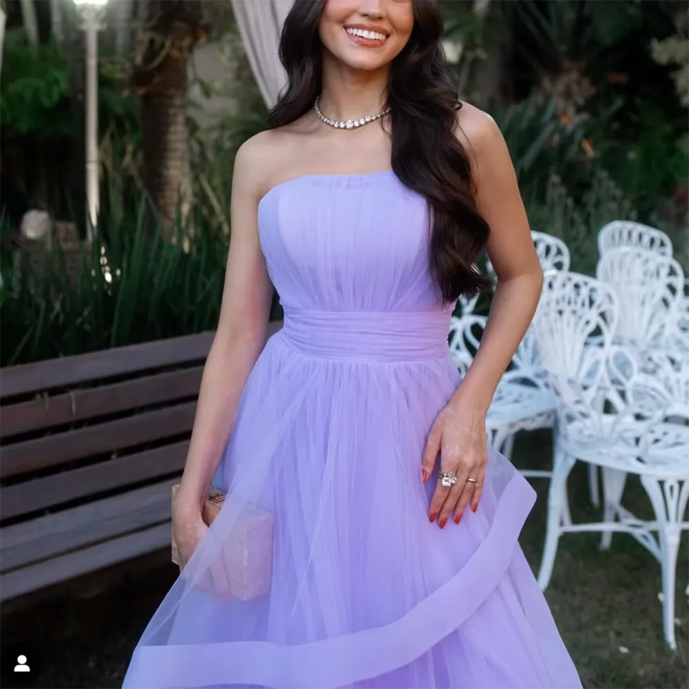 Lavender Tulle Long Dresses Wedding Party Ruffles Strapless  Prom Dresses Formal Occasion Dress     fg6856