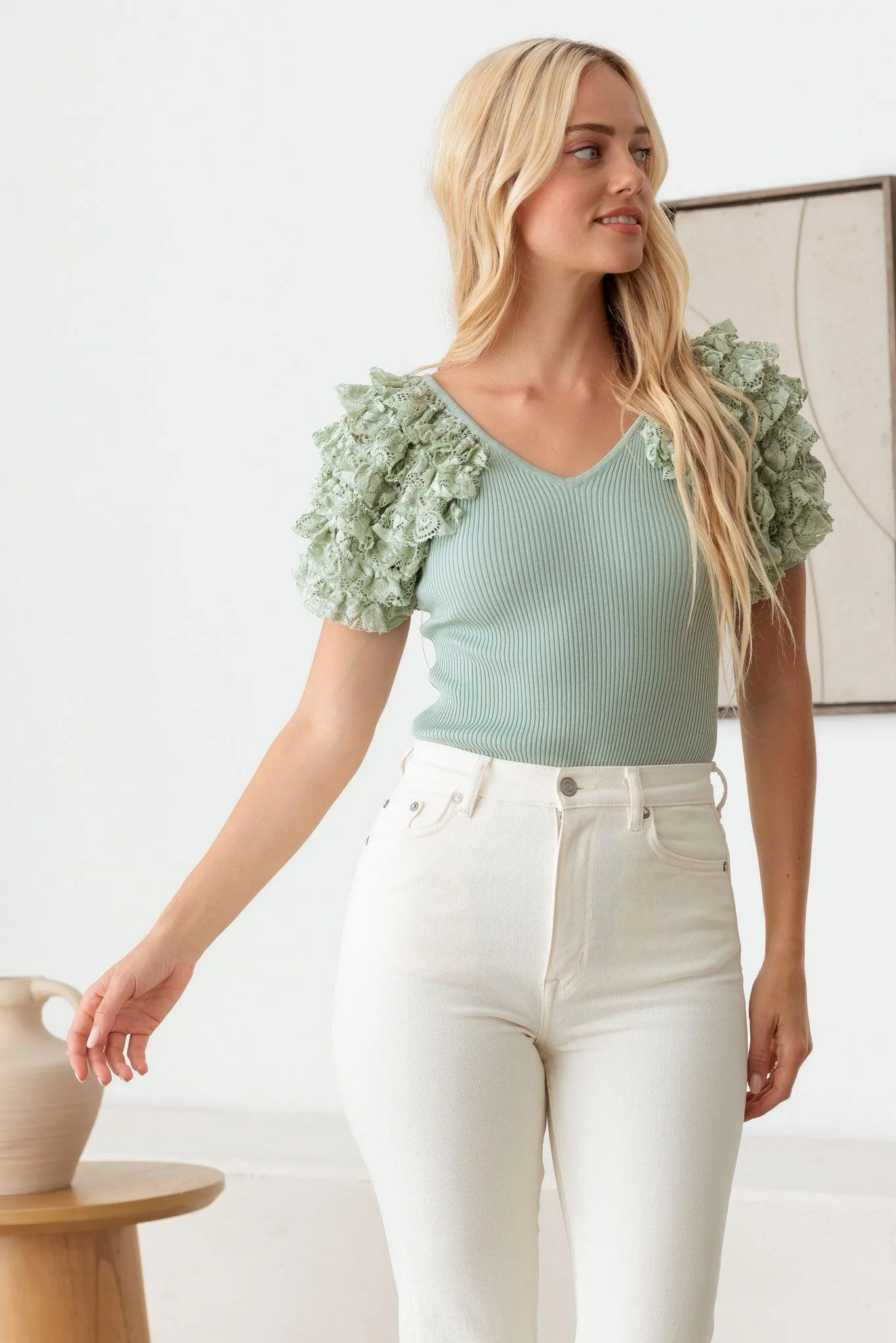 Layered Ruffle Lace Short Sleeves Ribbed Bodysuit