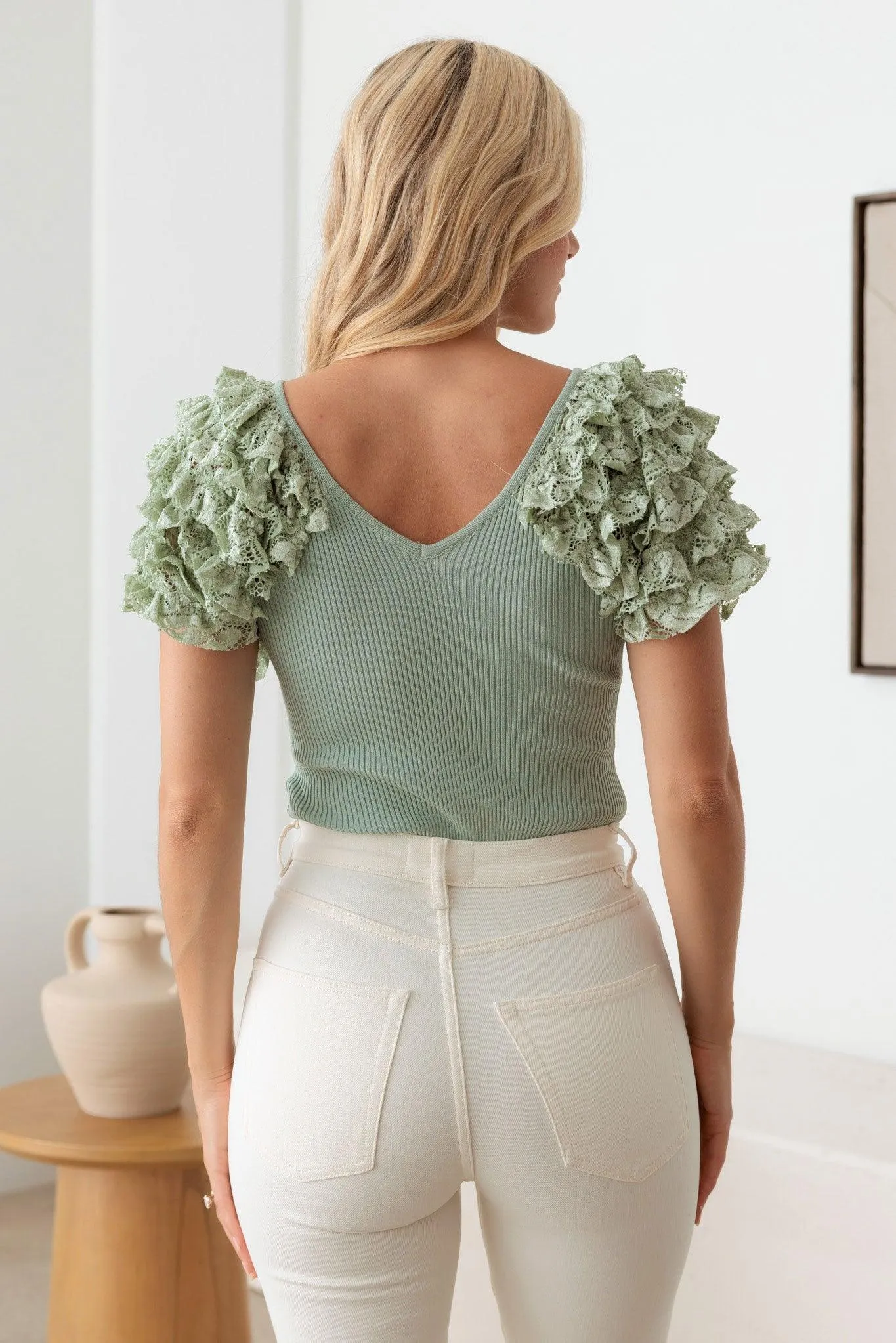 Layered Ruffle Lace Short Sleeves Ribbed Bodysuit