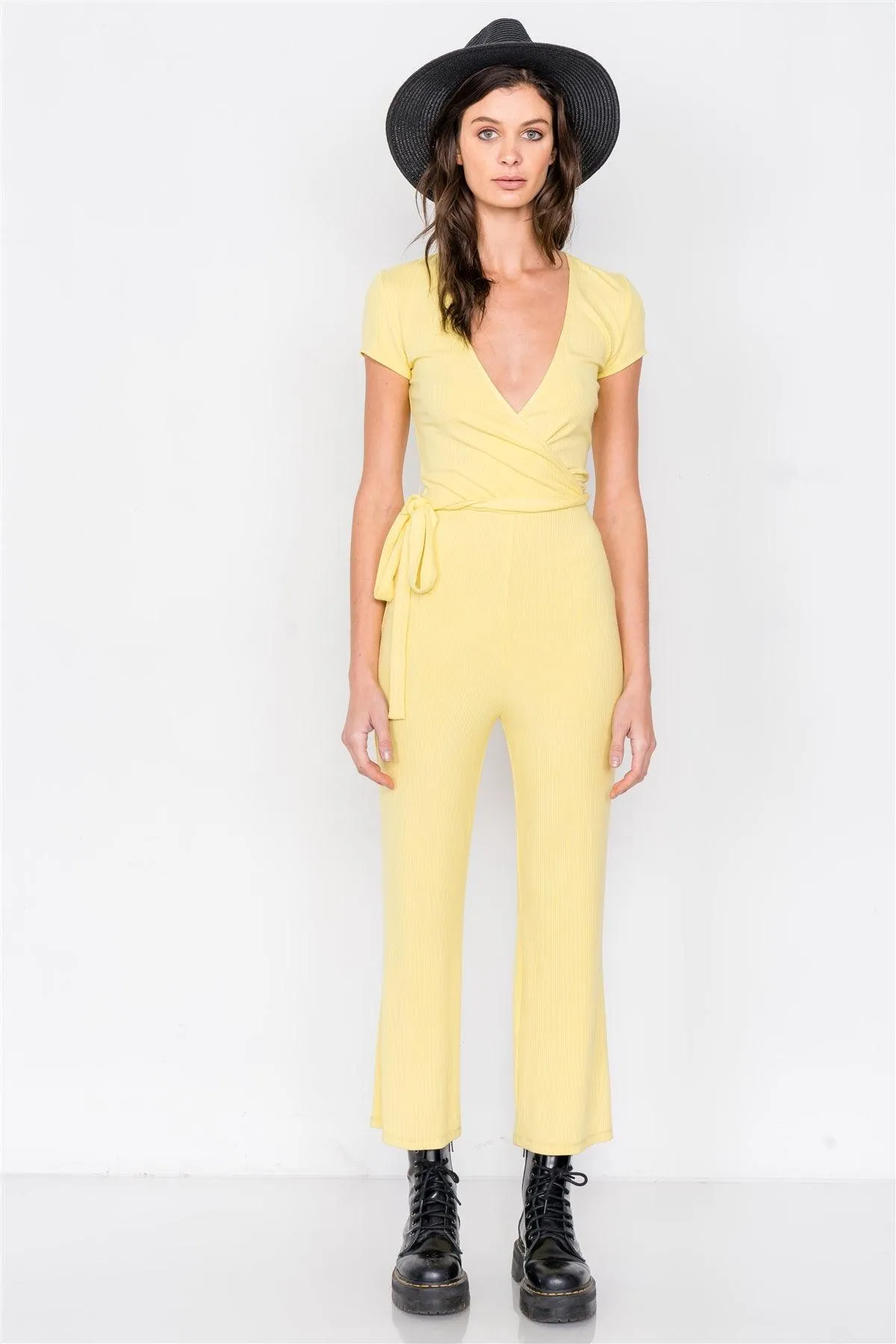 Lemon Yellow Ribbed Casual Maxi V-Neck Jumpsuit