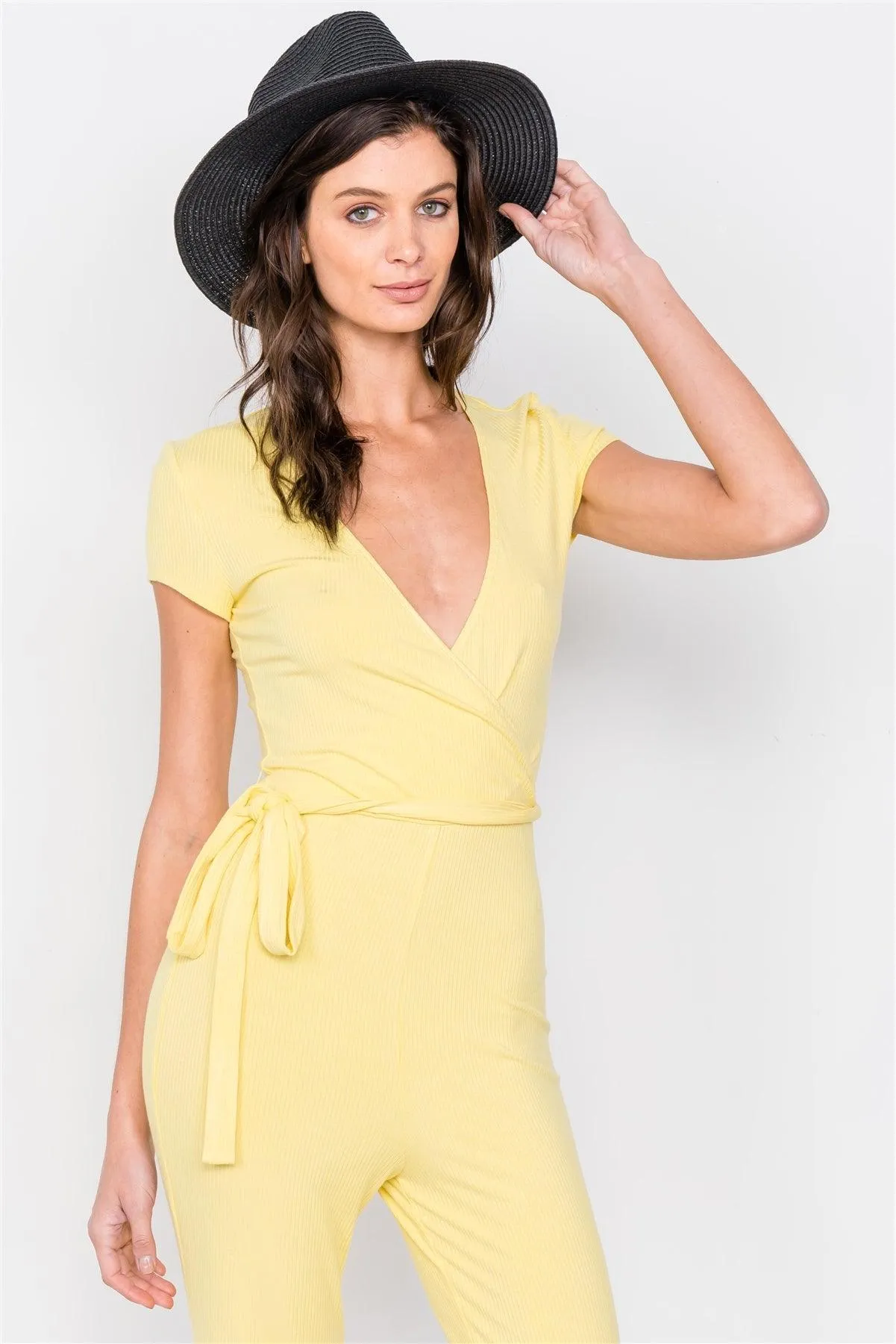 Lemon Yellow Ribbed Casual Maxi V-Neck Jumpsuit