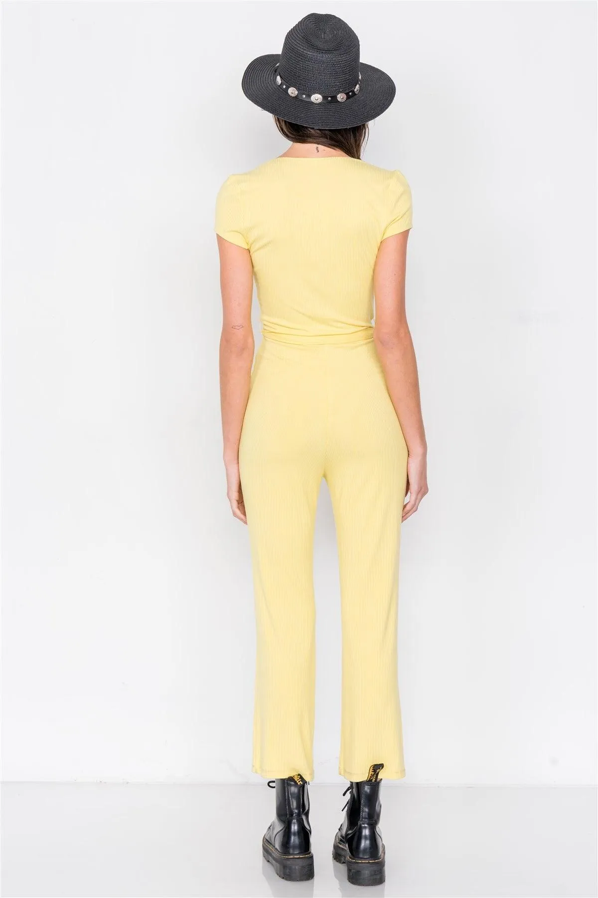 Lemon Yellow Ribbed Casual Maxi V-Neck Jumpsuit