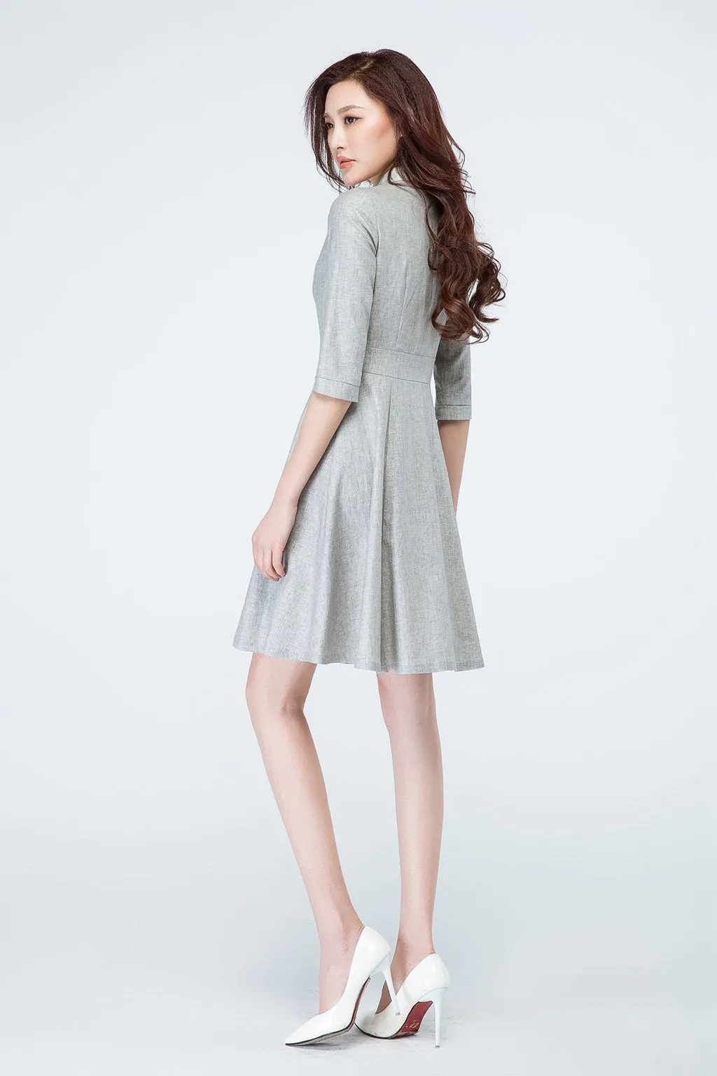 Light Grey Linen Shirt Dress 1694#