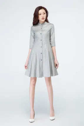 Light Grey Linen Shirt Dress 1694#