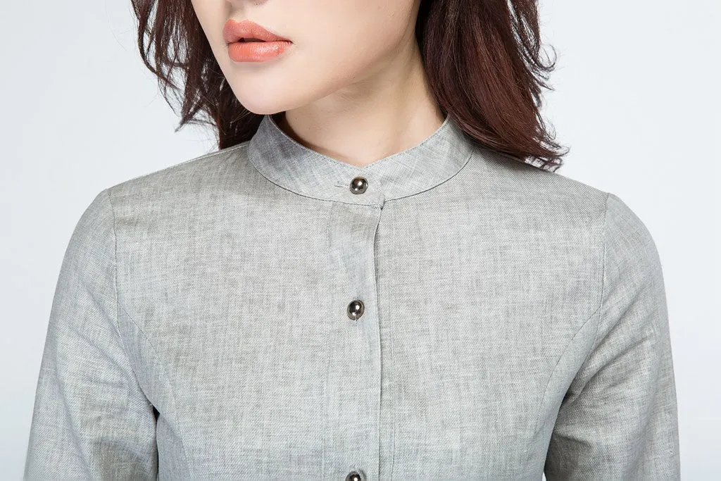 Light Grey Linen Shirt Dress 1694#