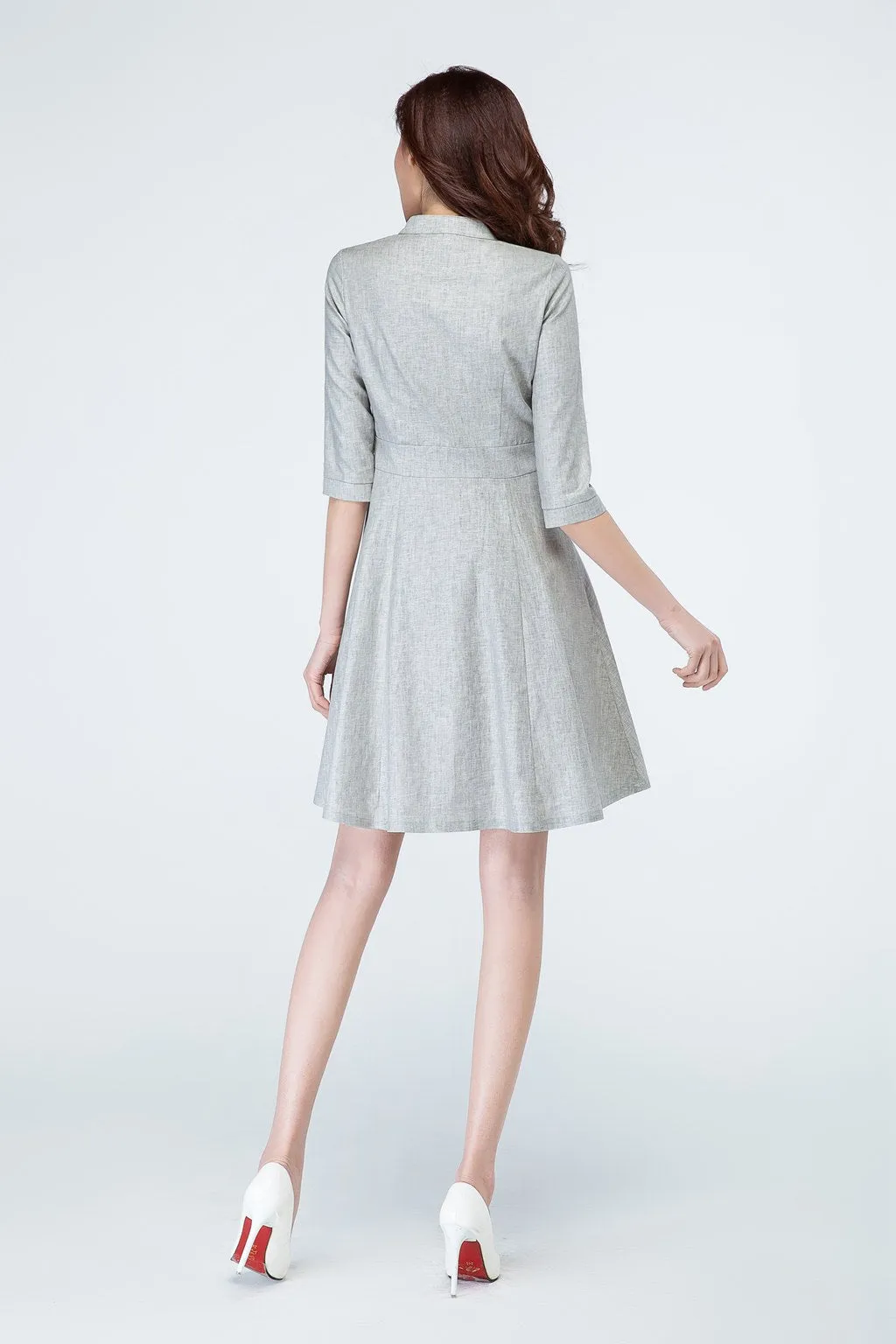 Light Grey Linen Shirt Dress 1694#