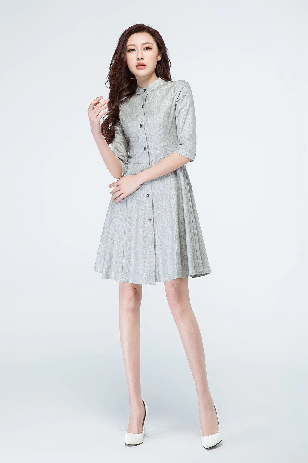 Light Grey Linen Shirt Dress 1694#