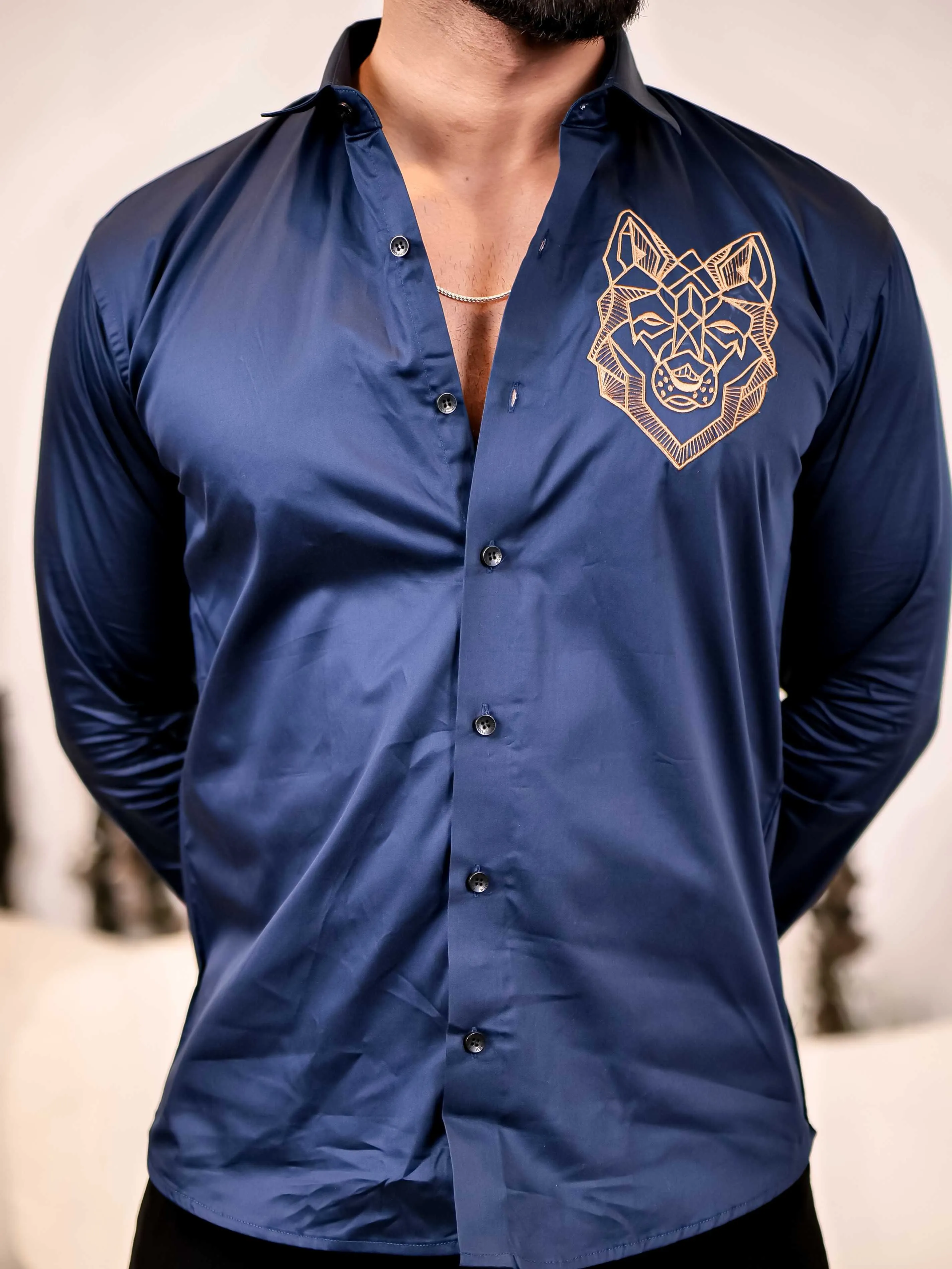 Line Art Wolf Navy Embroidered Club Wear Satin Cotton Shirt