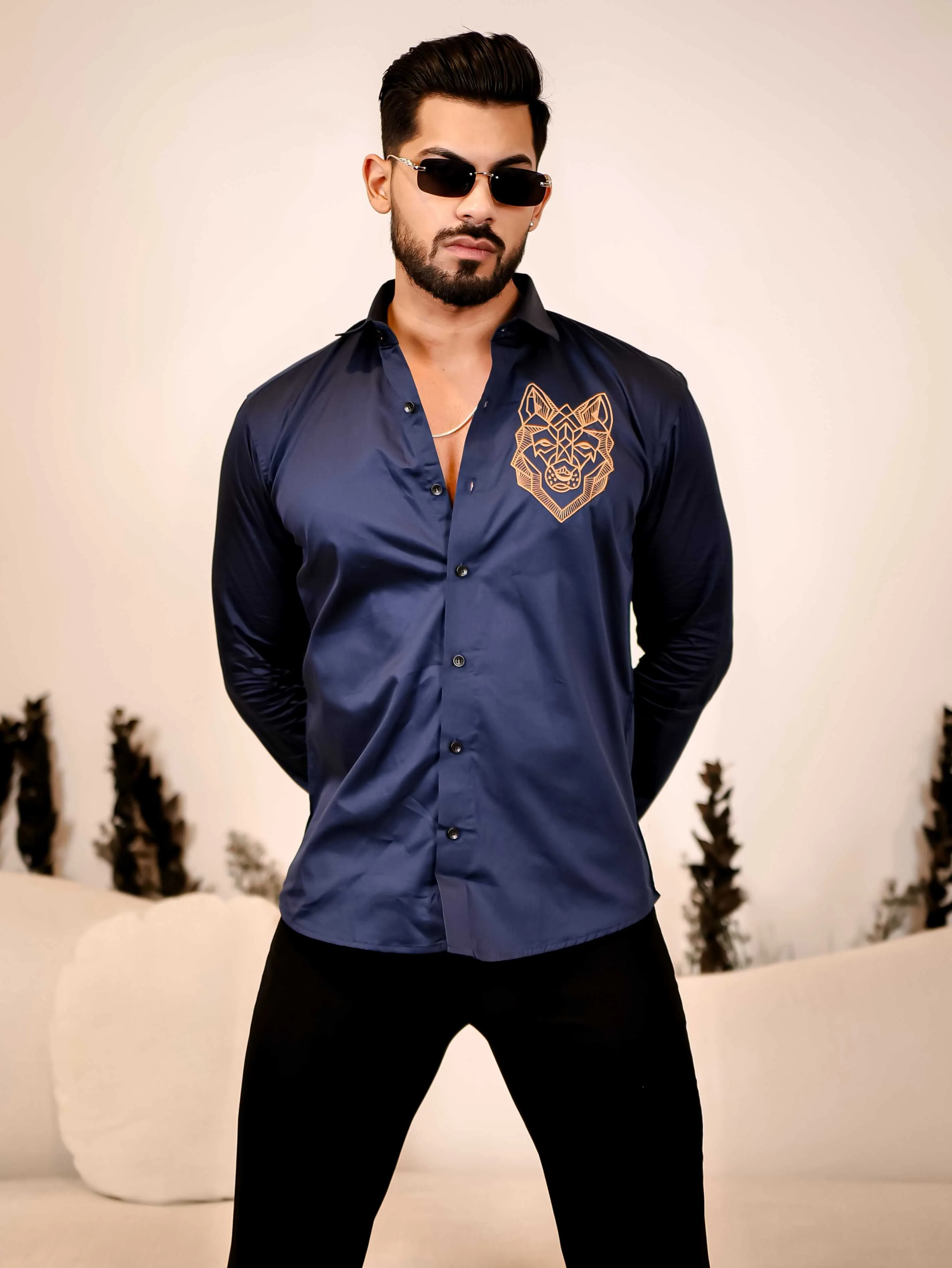 Line Art Wolf Navy Embroidered Club Wear Satin Cotton Shirt