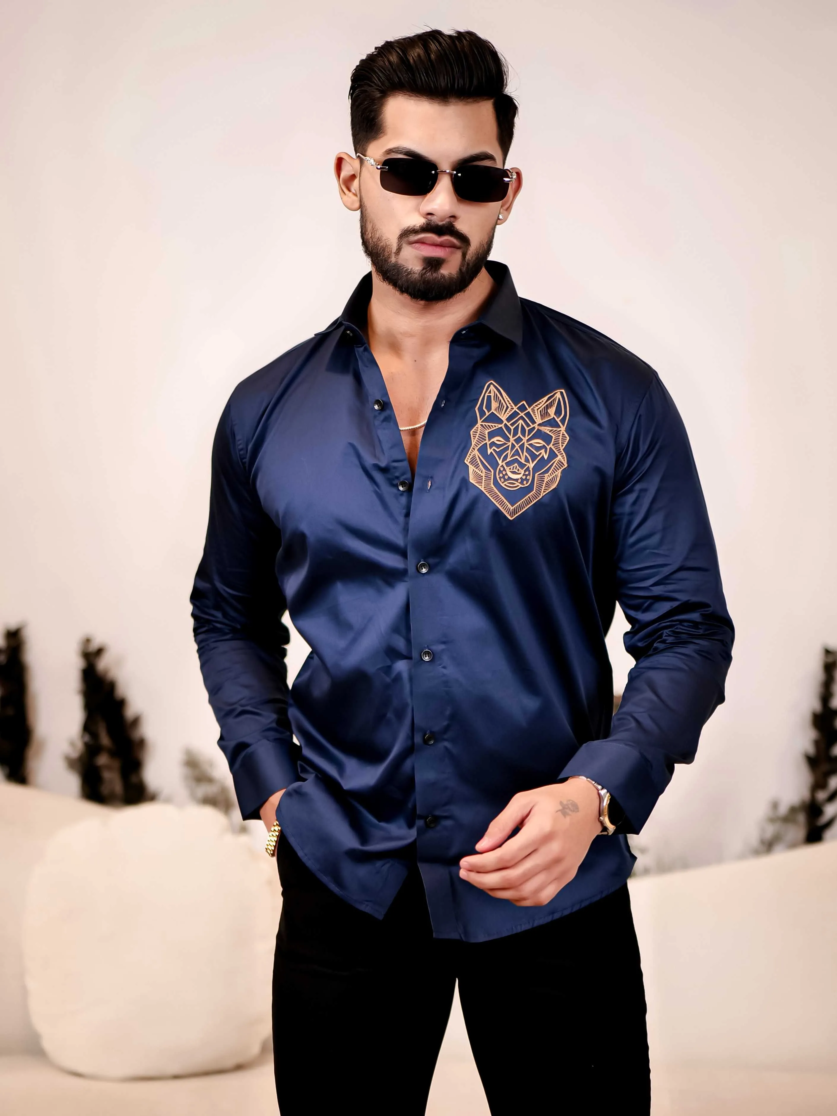 Line Art Wolf Navy Embroidered Club Wear Satin Cotton Shirt